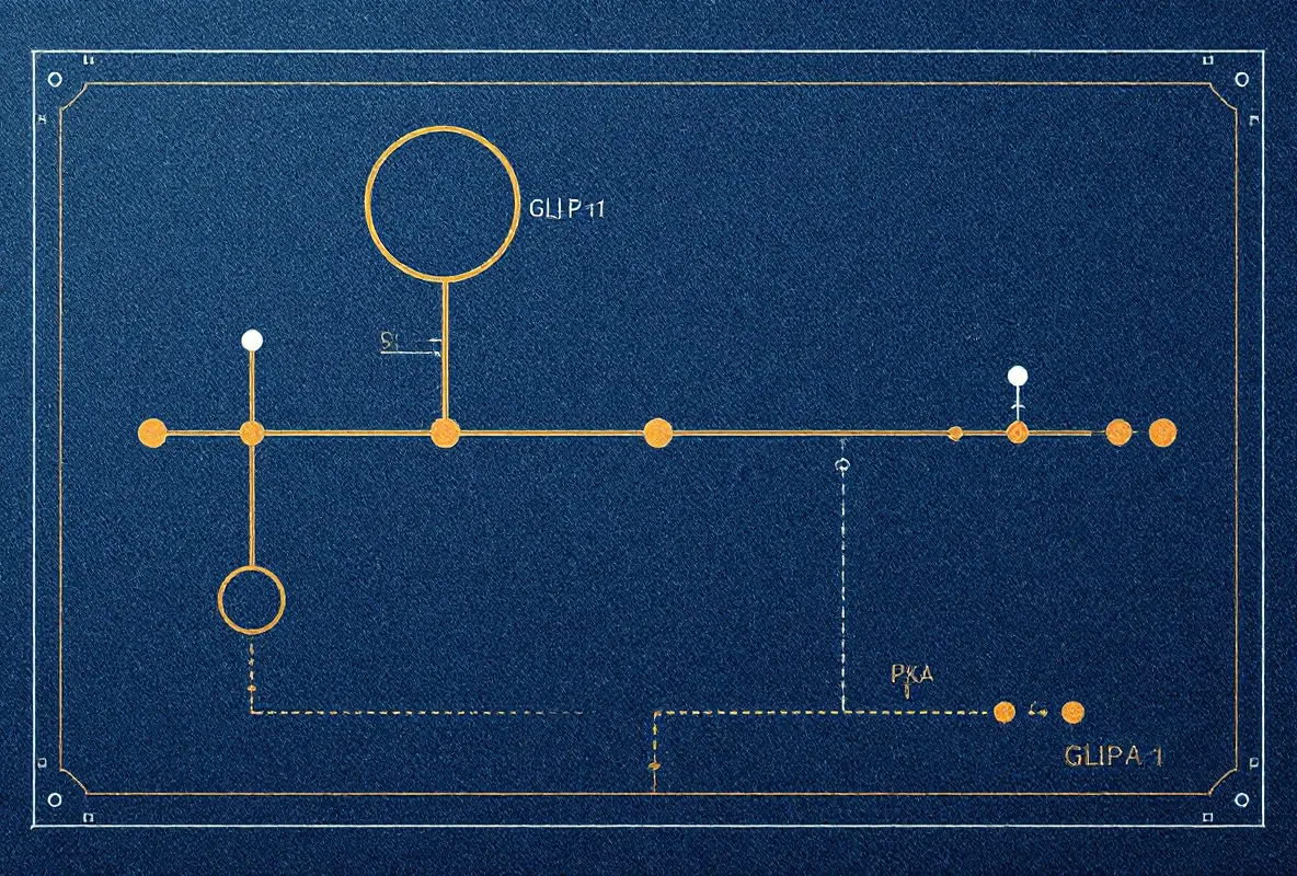 Brass-and-copper blueprint of the GLP-1 receptor signaling cascade on indigo denim