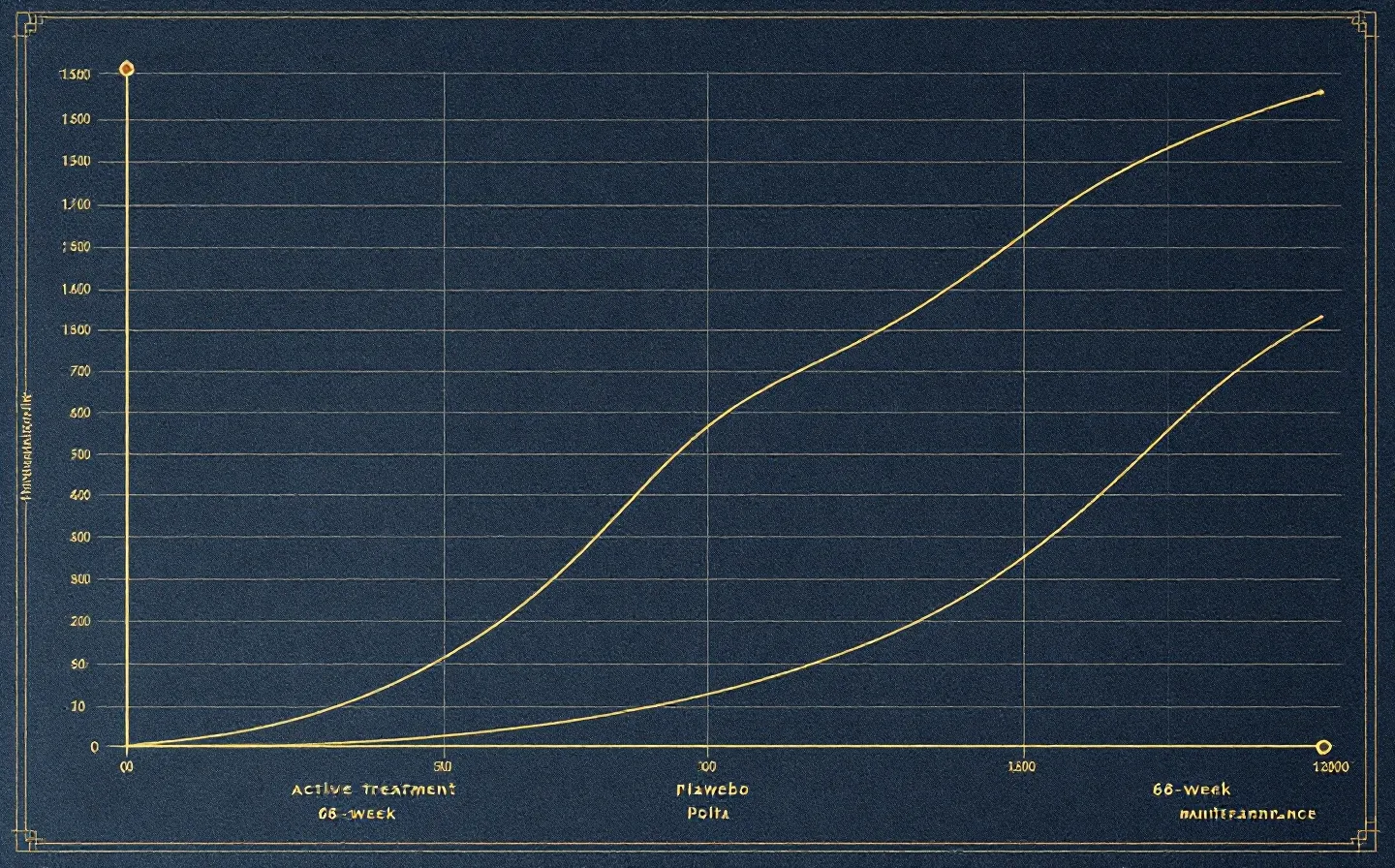 Industrial blueprint weight-loss curve in brass on dark denim with a single copper plateau rivet