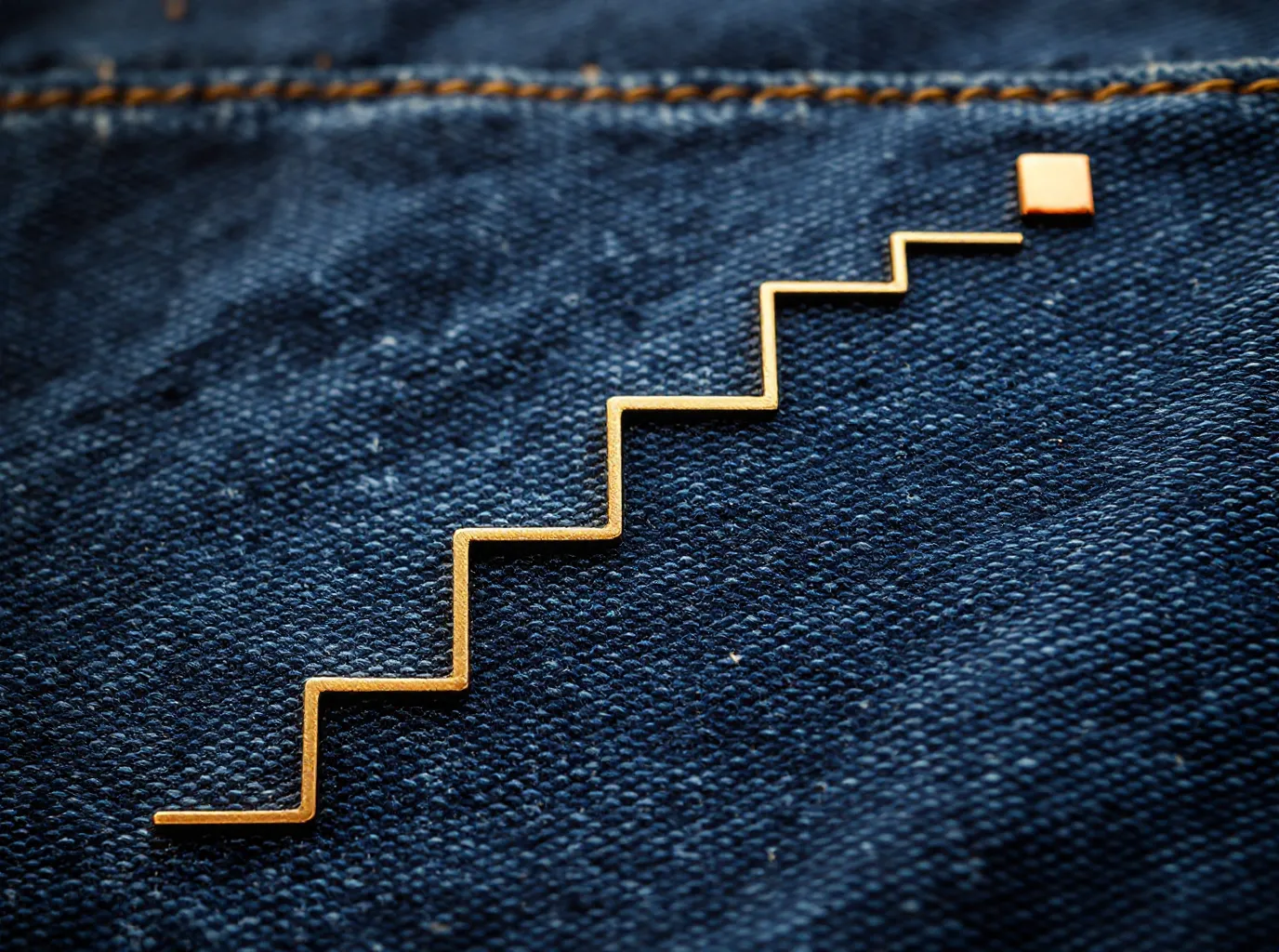 Brass step-ladder diagram of a five-step dose titration on indigo denim with a copper maintenance rivet