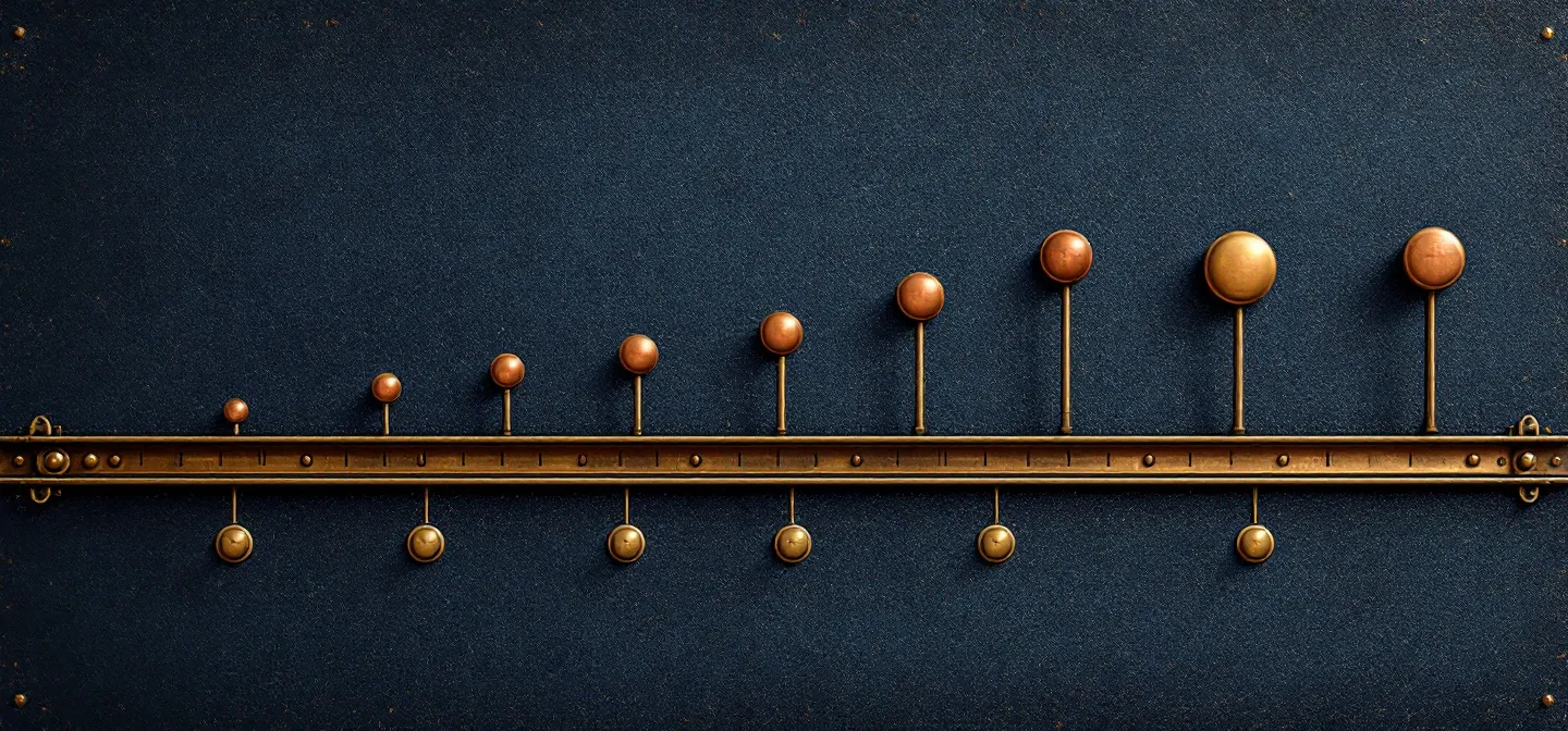 Brass riveted timeline rail with six milestone posts and one copper landmark rivet on dark denim